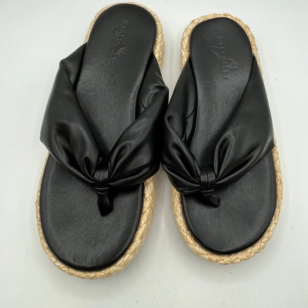New Naked Feet Costa Black Platform Thong Sandals Knotted Raffia Slides Wms 10